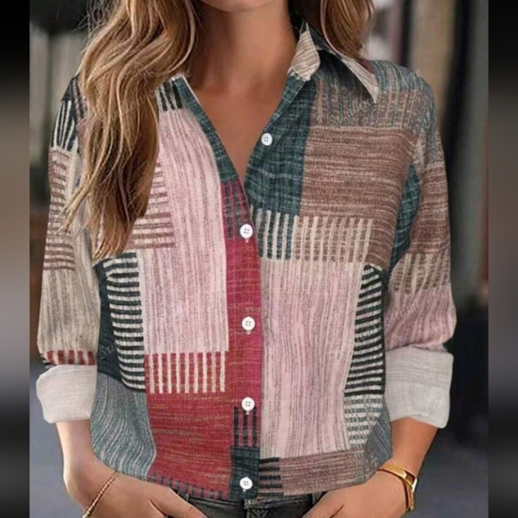 Women's Contrast Color Block & Button Print Long Sleeve Casual Retro Shirt - Picture 1 of 5